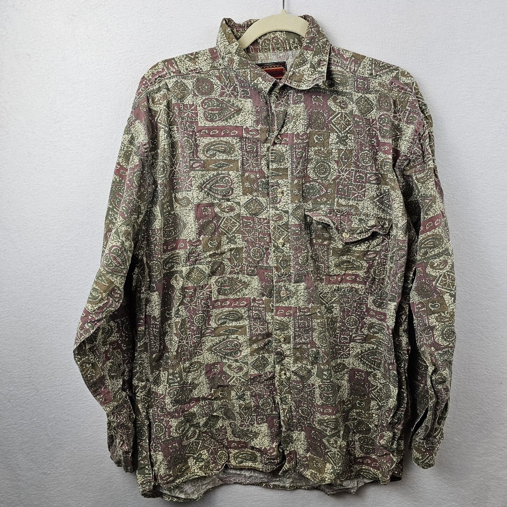 Shah Safari Shirt Men's Size Large Beige Red Paisley Print Long Sleeve Button Up
